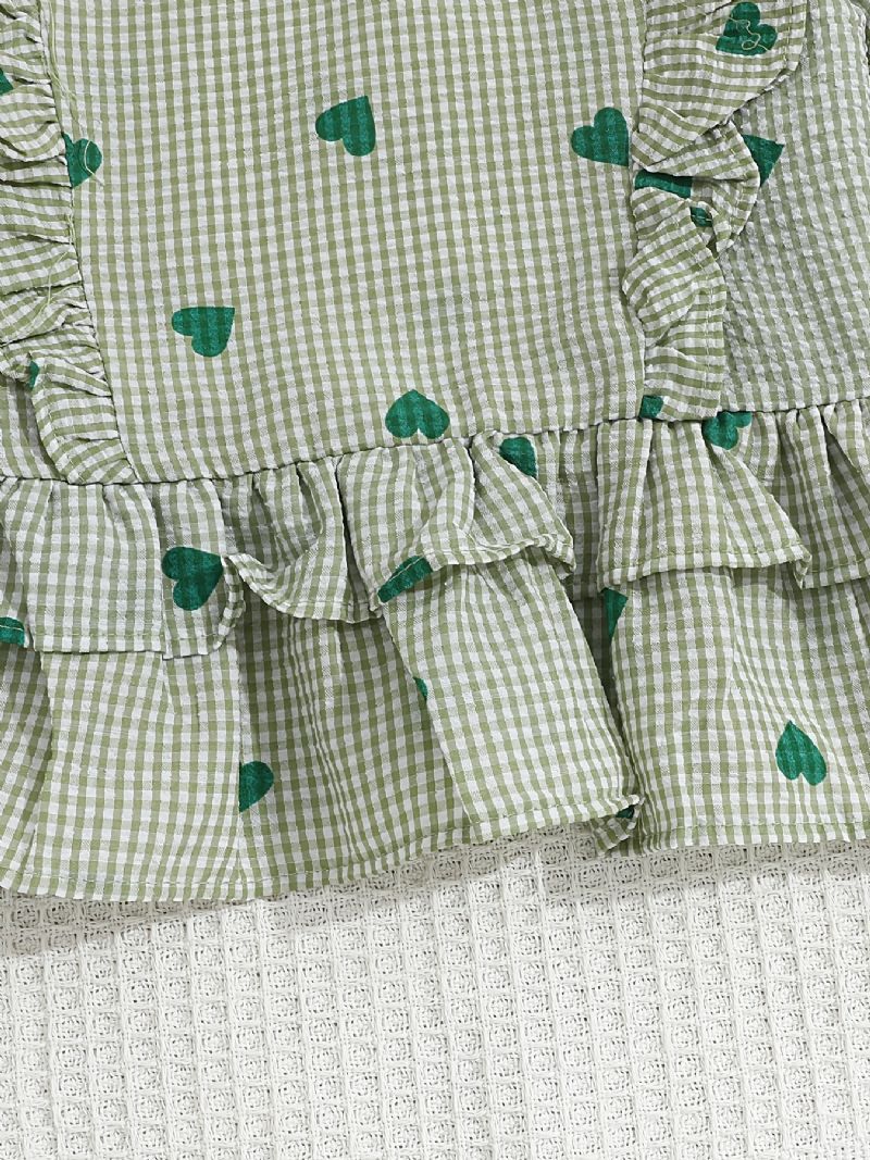 Baby Piger Langærmet T-shirt Hjerte Print Flæse Plaid Rund Hals Top Børnetøj