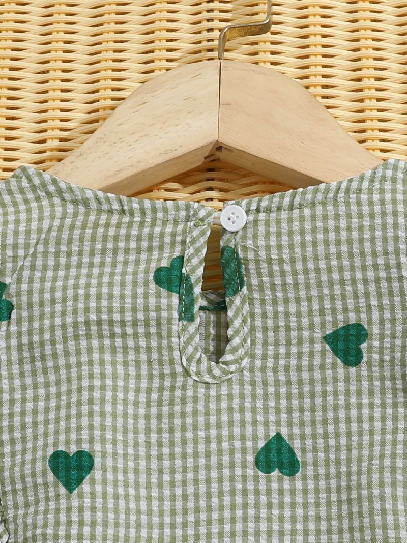 Baby Piger Langærmet T-shirt Hjerte Print Flæse Plaid Rund Hals Top Børnetøj