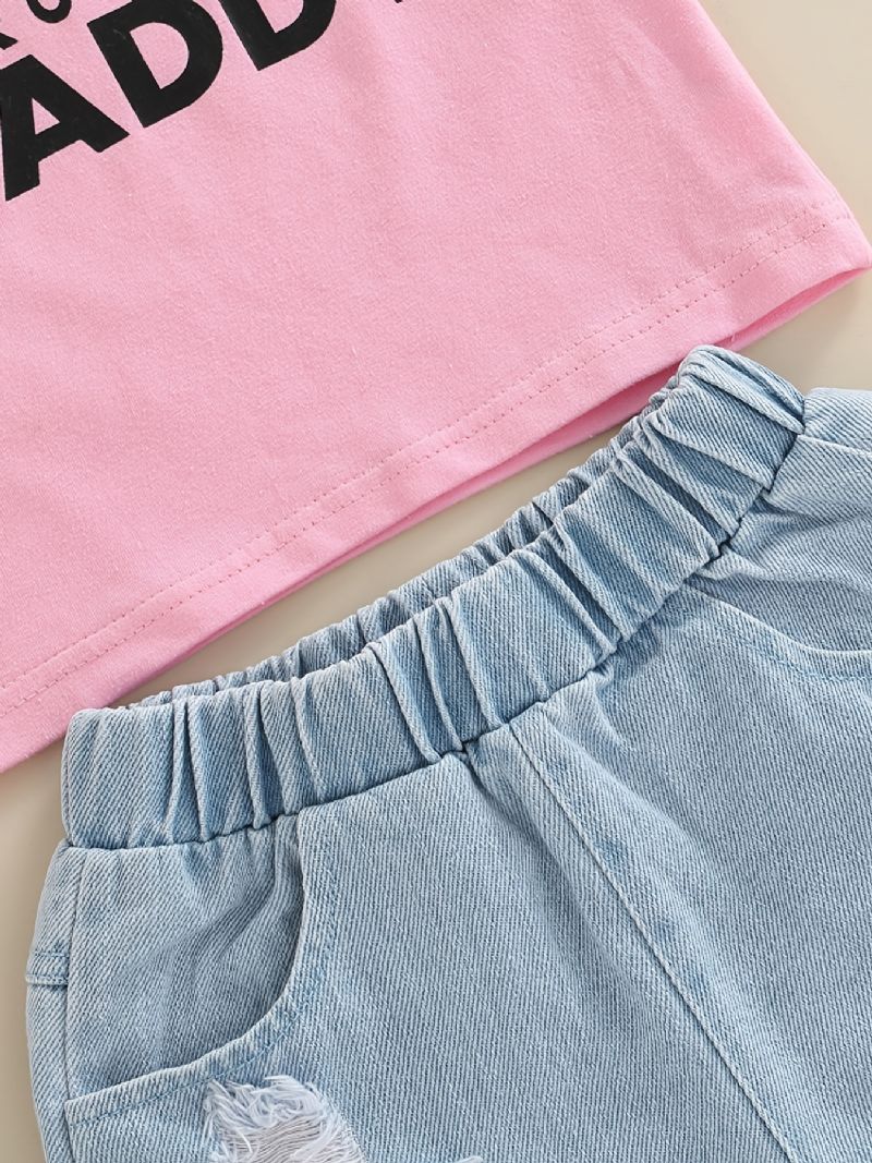 Baby Piger Letter Print T-shirt Top & Denim Shorts Sæt Sommer Outfit Børnetøj