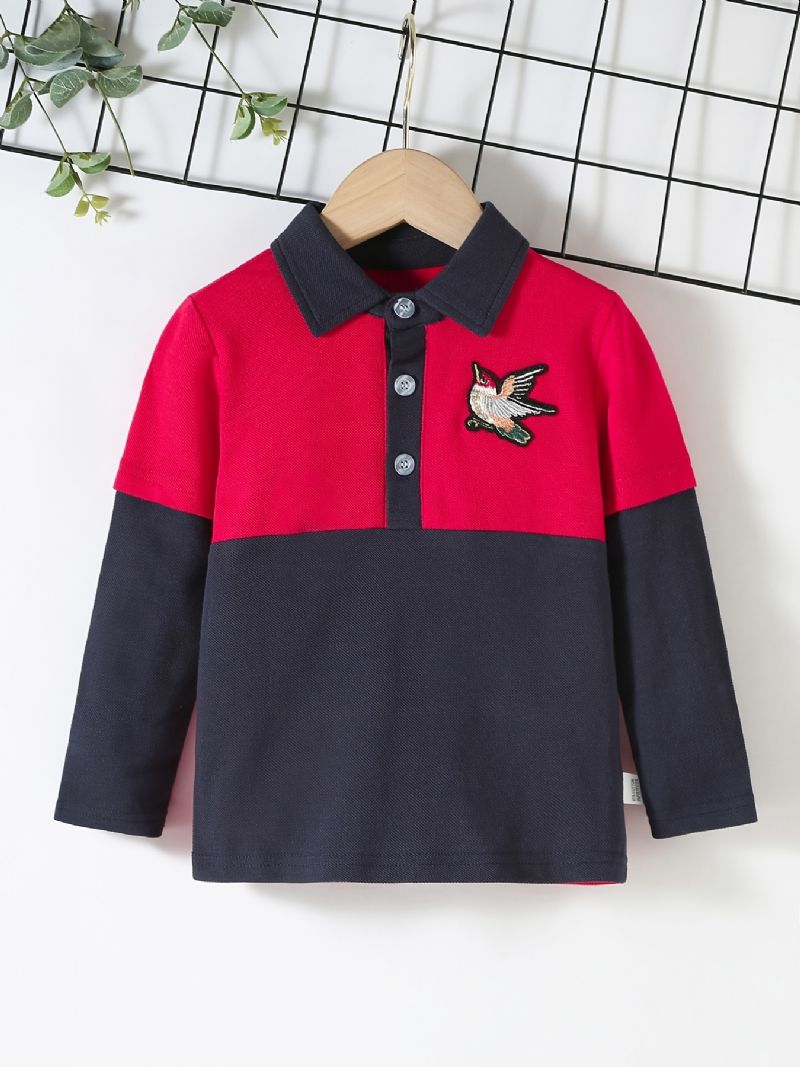 Drenge Casual Color Block Bomuld Polo Neck Langærmet T-shirt Med Eagle Broderi