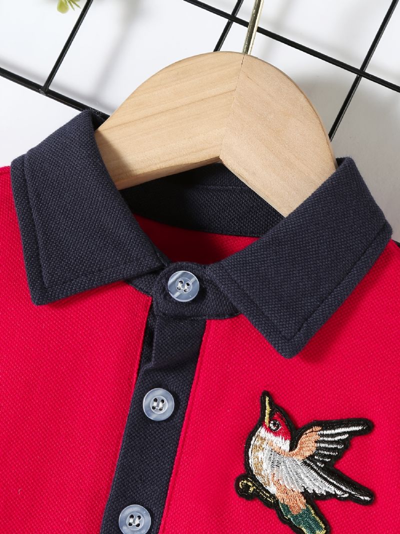 Drenge Casual Color Block Bomuld Polo Neck Langærmet T-shirt Med Eagle Broderi