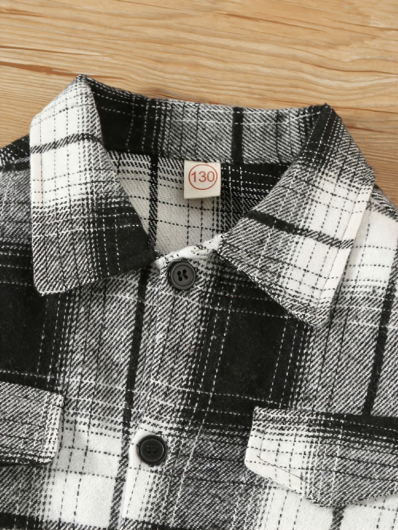 Drenge Sort Hvid Plaid Revers Knap Ned Langærmet T-shirt