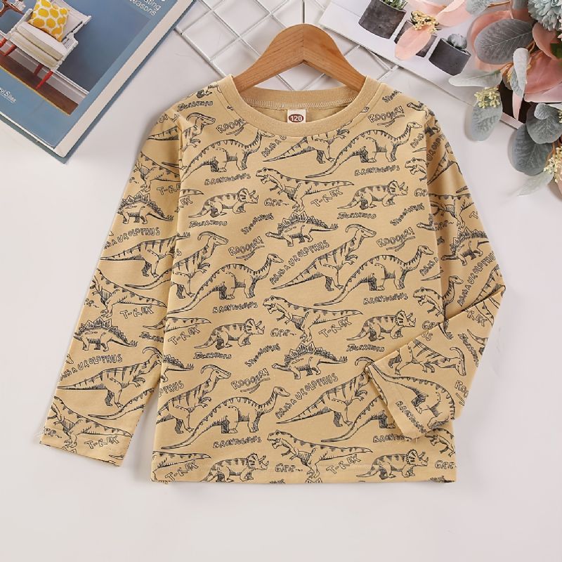 Piger Casual Pullover Langærmet Rund Hals T-shirt Med Tegneserie Dinosaur Print