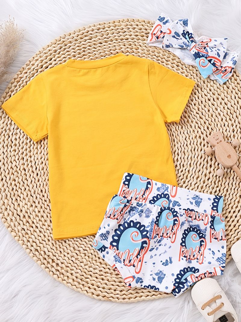 Piger Causal Cute Beth Dutton Print T-shirt & Letter Blomsterprint Shorts & Sløjfe Pandebånd