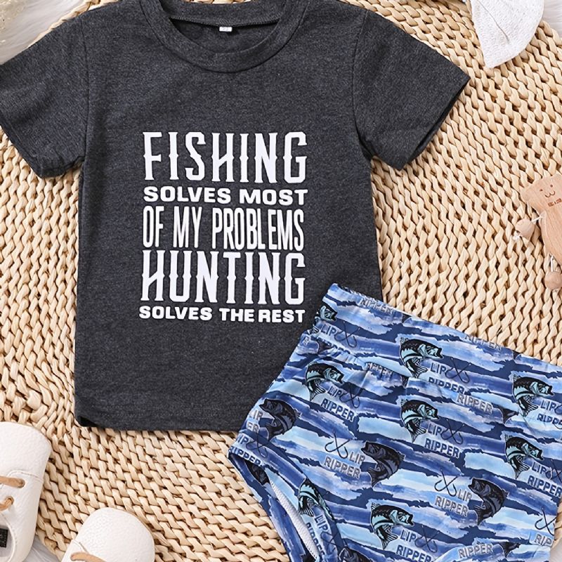 Piger Causal Fishing Print T-shirt & Fish Shorts & Bow Head Tie Rope