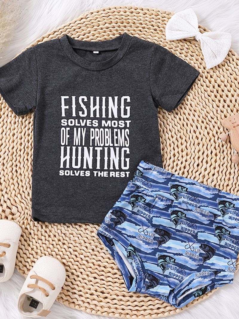 Piger Causal Fishing Print T-shirt & Fish Shorts & Bow Head Tie Rope