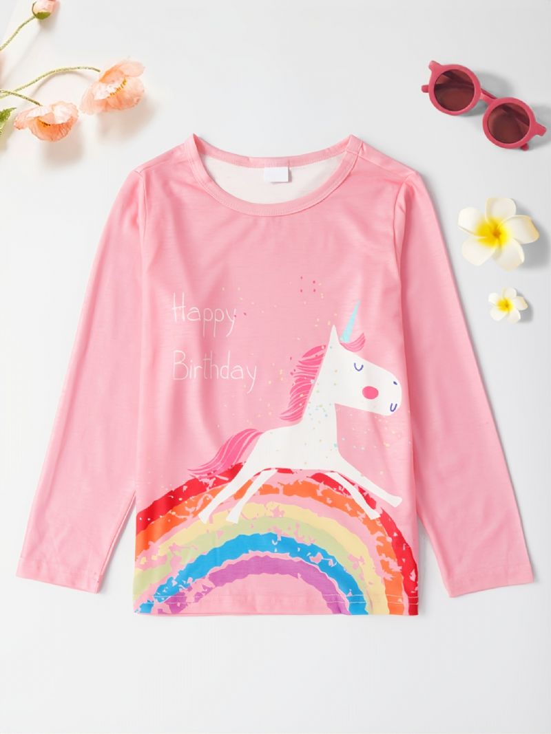 Piger Unicorn Print Rundhalset Langærmet T-shirt Forår Efterår