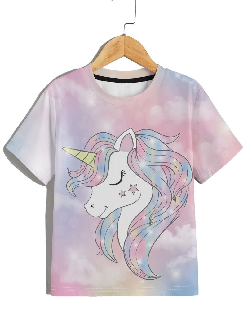 T-shirt Med Rund Hals Til Piger Casual Unicorn Mønster Til Børn