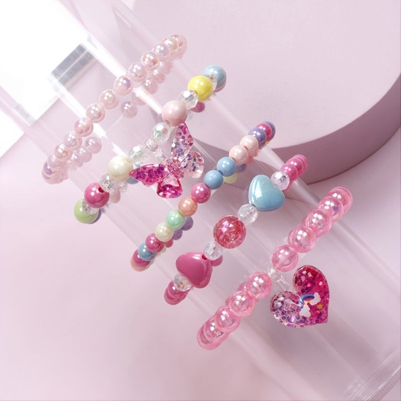 5 Stk Pige Butterfly Love Pendant Multi-color Beaded Armbånd Sæt Til Børn