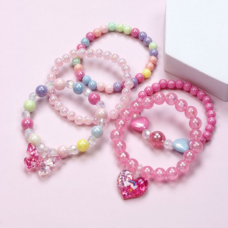 5 Stk Pige Butterfly Love Pendant Multi-color Beaded Armbånd Sæt Til Børn