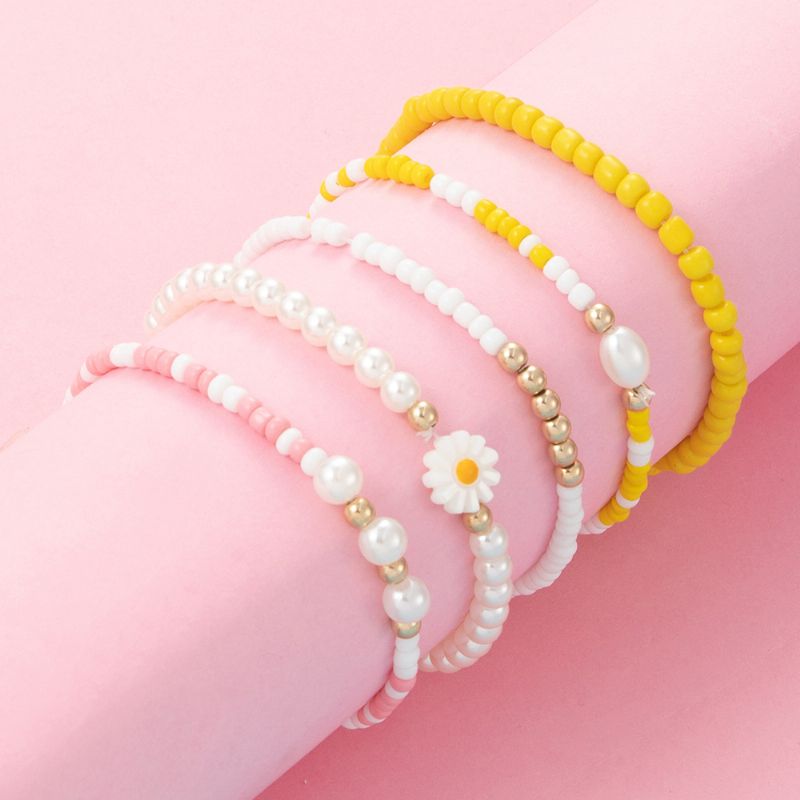 5 Stk Piger Faux Pearl Daisy Decor Beaded Armbånd Sæt