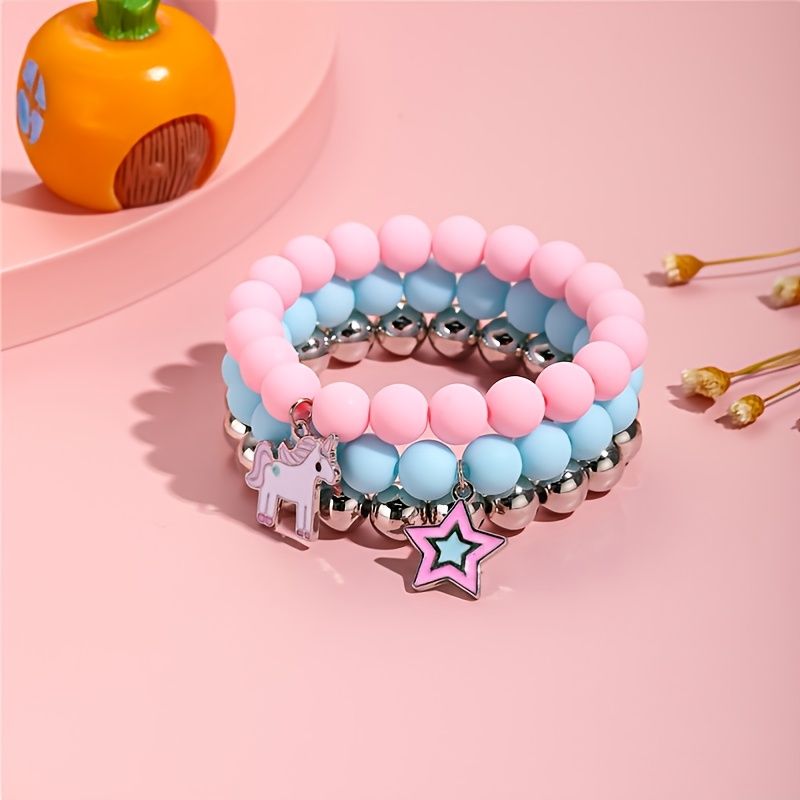 Sæt Med 3 Børns Smykker Candy Color Beaded Armbånd Unicorn Børnearmbånd