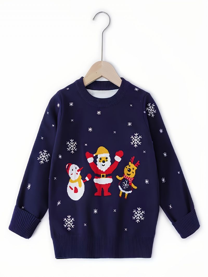 1 Stk Piger Casual Santa Claus Print Pullover Strikket Sweater Rundhals Lange Ærmer Termisk Til Vinter Julefest