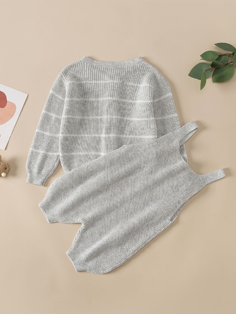 Baby Drenge Casual Strik Sæt Med Stribet Button Down Sweater Ydertøj & Selebukser Til Vinter