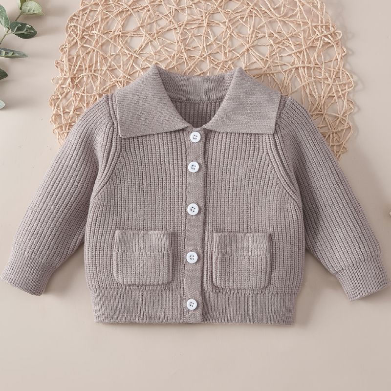 Baby Piger Ensfarvet Sweater Revers Knap Lomme Strikket Cardigan Småbørn Tøj