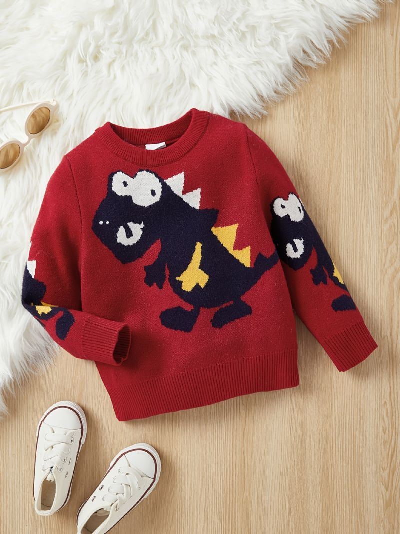 Baby Sweater Rundhalset Langærmet Dinosaur Mønster Strikket Pullover Til Drenge Piger Børn Tøj