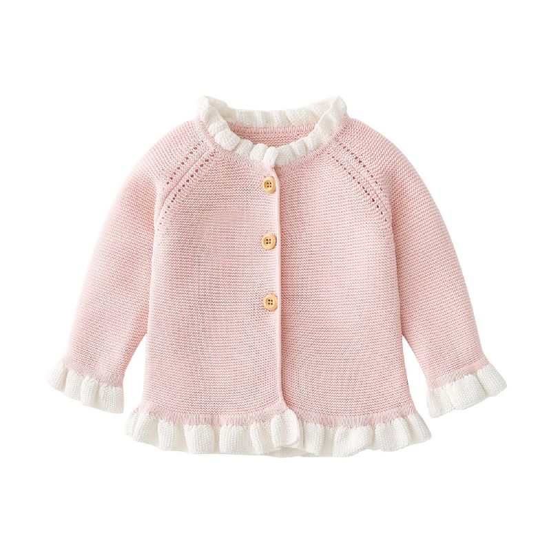 Babypiger Pink Flæsestrikket Cardigan Langærmet Rundhals-sweater Småbørnstøj