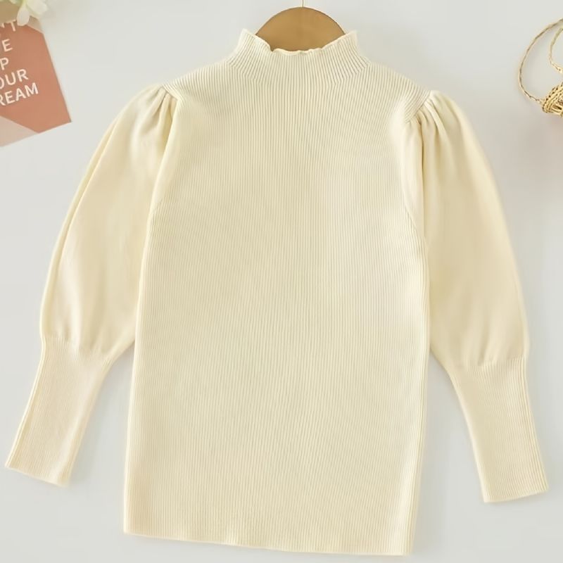 Babypiger Puff Langærmet Højhalset T-shirt Toppe Ensfarvet Sweater Pullover Børnetøj