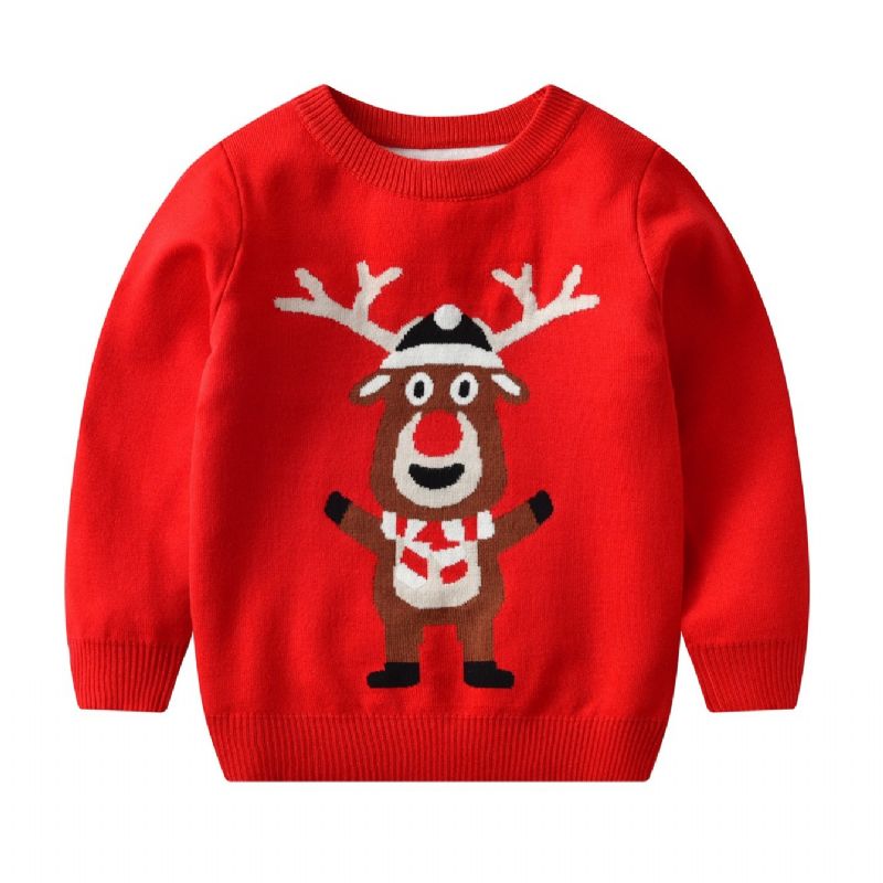 Børn Christmas Elg Mønster Sweater Rund Hals Strikket Pullover Drenge Piger