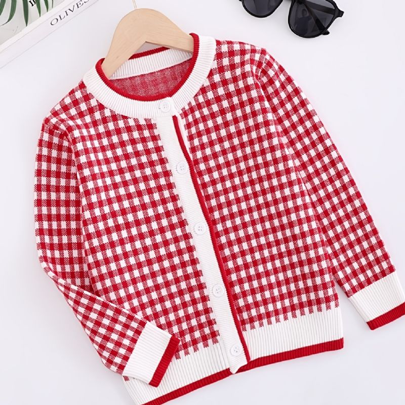 Børn Piger Plaid Strikket Cardigan Casual Farve Blok Knap Sweater