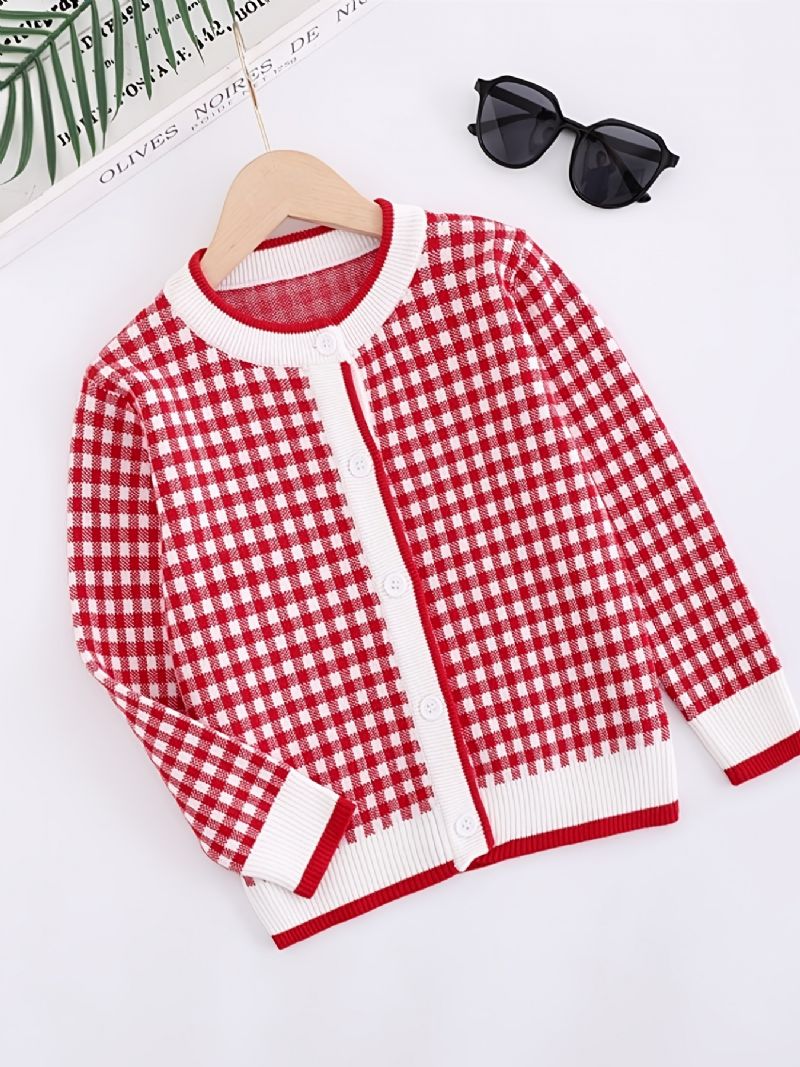 Børn Piger Plaid Strikket Cardigan Casual Farve Blok Knap Sweater