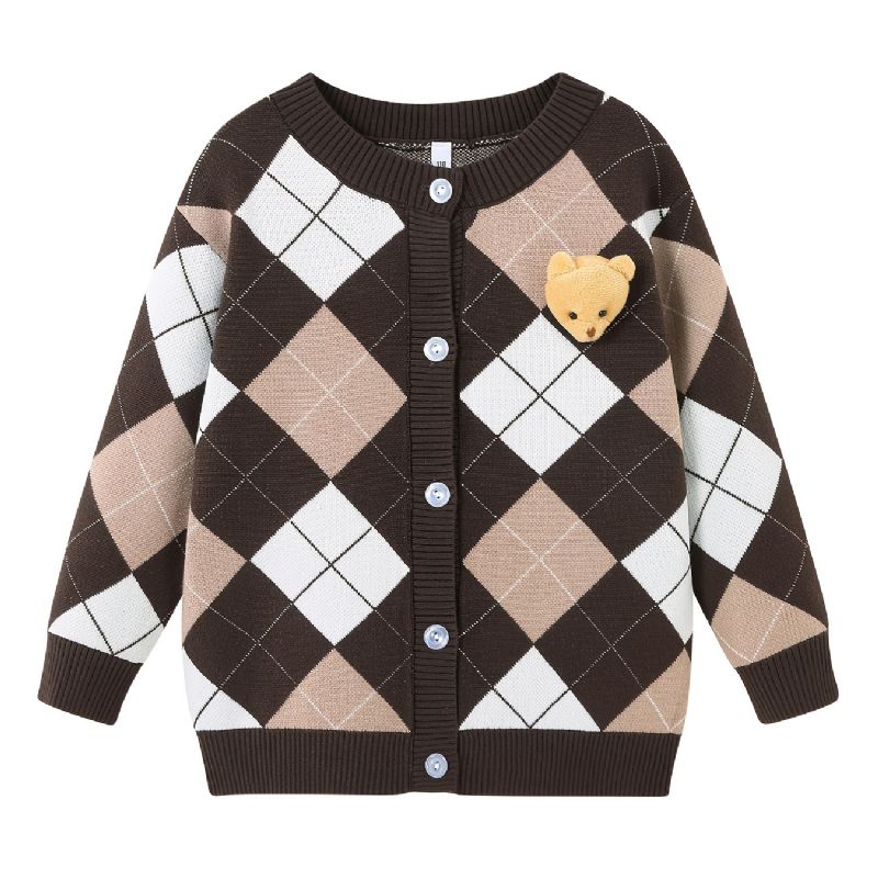 Børnepigers Sweater Plaid Bear College Style Strikket Cardigan