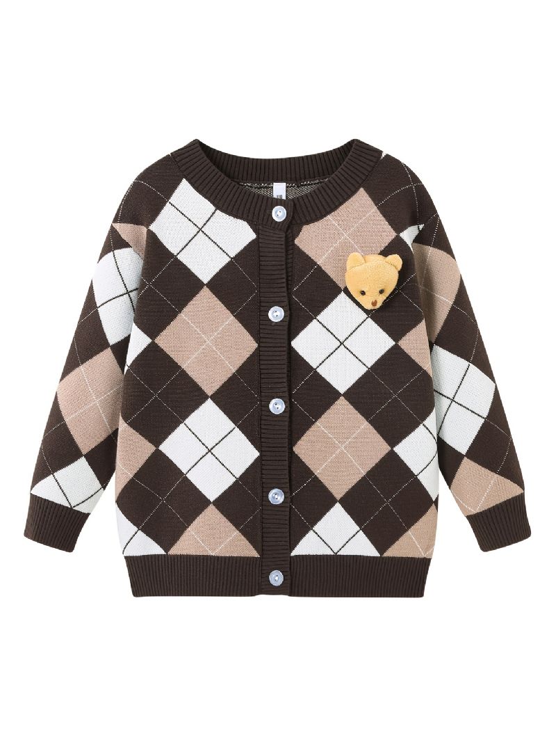 Børnepigers Sweater Plaid Bear College Style Strikket Cardigan