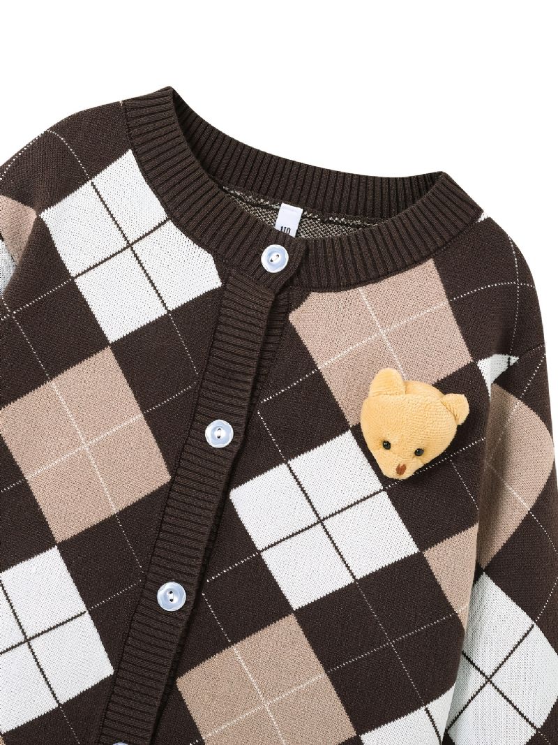 Børnepigers Sweater Plaid Bear College Style Strikket Cardigan