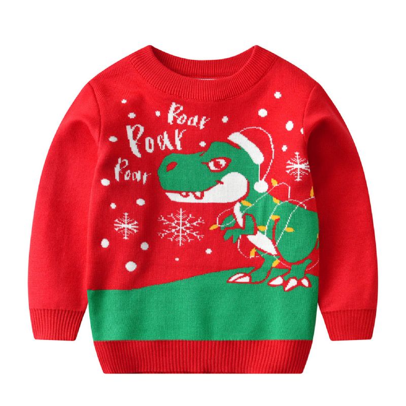 Christmas Børn Sød Tegneserie Dinosaur Strikket Sweater Med Rund Hals