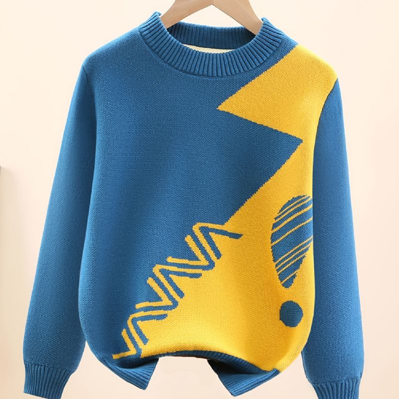 Drenge Casual Bomuld Strikket Termisk Pullover Sweater Med Geometrisk Print Til Vinter