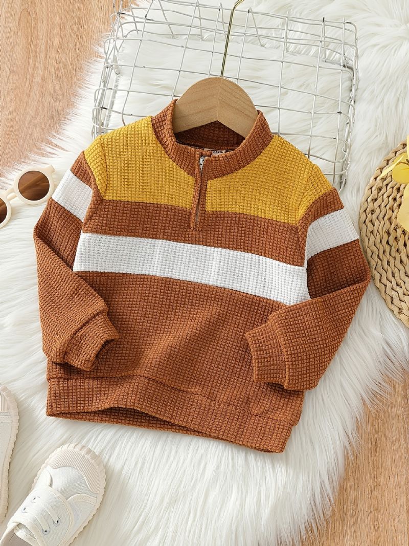 Drenge Color Block Sweater Langærmet Halv Lynlås Strikket Pullover Børnetøj