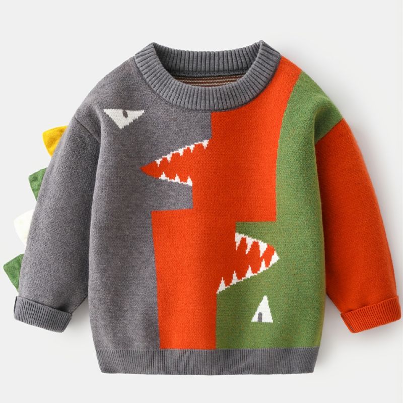 Drenge Dinosaur Sweater Rundhals Langærmet Splejsning Strikket Pullover Børnetøj
