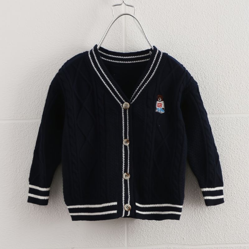 Drenge Piger Strikket Cardigan Bear Broderi College Style Sweater Børnetøj