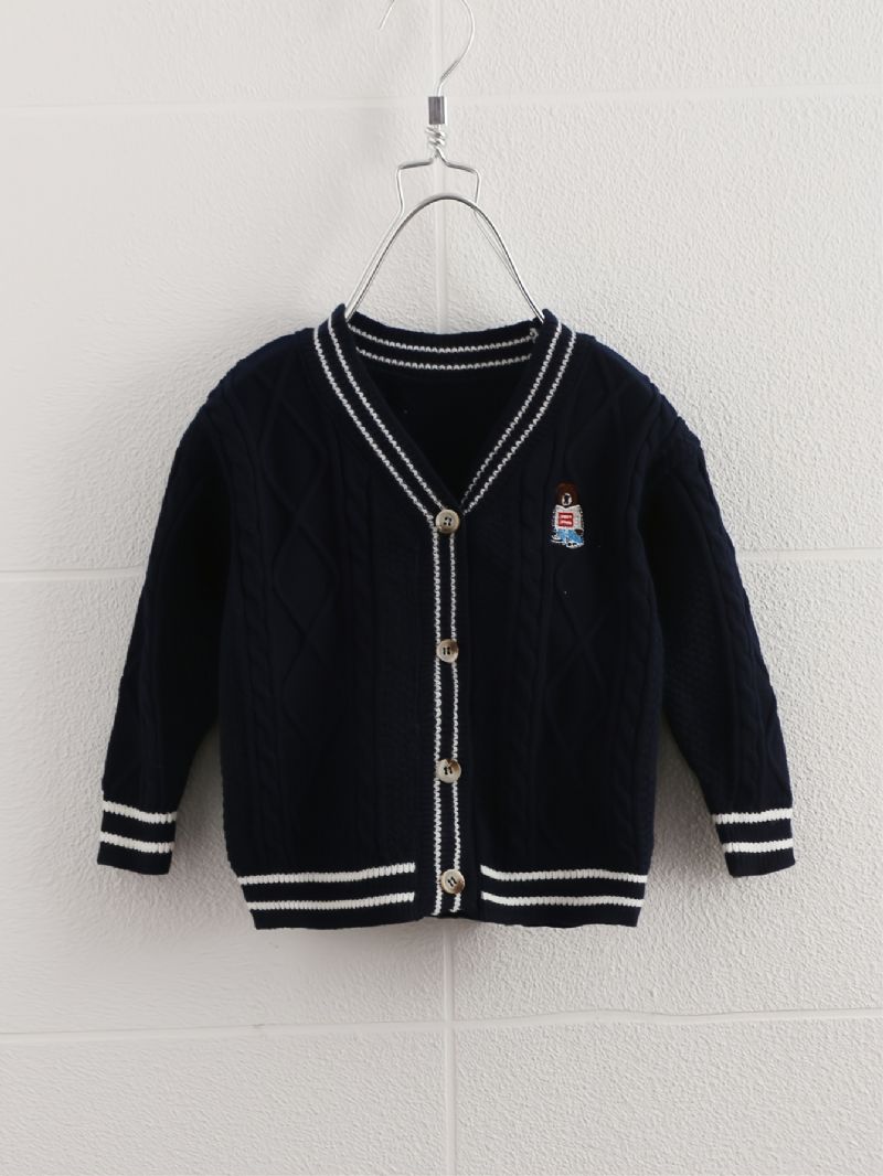 Drenge Piger Strikket Cardigan Bear Broderi College Style Sweater Børnetøj