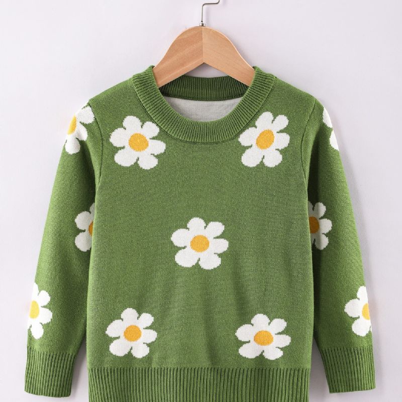 Piger Sweater Med Rund Hals Med Blomstermønster Til Vinter