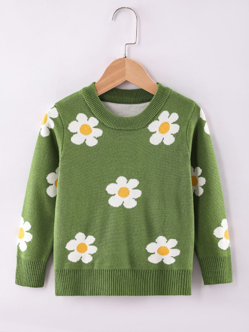 Piger Sweater Med Rund Hals Med Blomstermønster Til Vinter