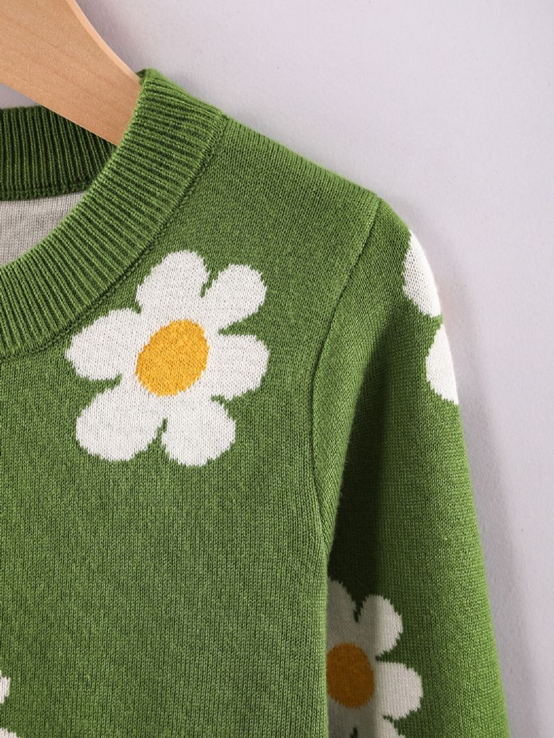 Piger Sweater Med Rund Hals Med Blomstermønster Til Vinter