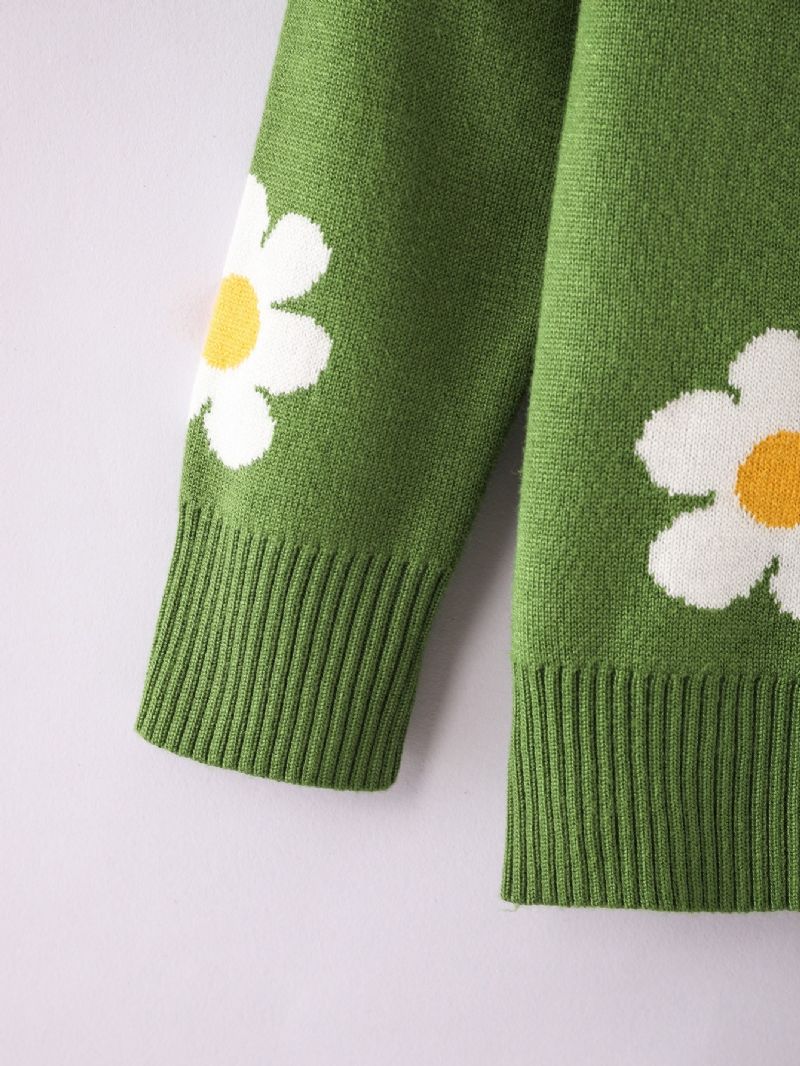 Piger Sweater Med Rund Hals Med Blomstermønster Til Vinter