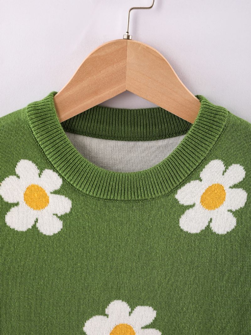 Piger Sweater Med Rund Hals Med Blomstermønster Til Vinter