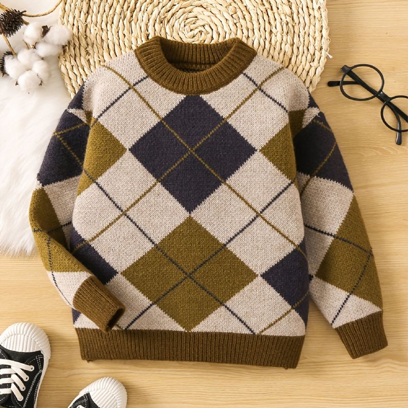 Småbørn Drenge Piger Argyle Mønster Sweater Rund Hals Strikket Trøje