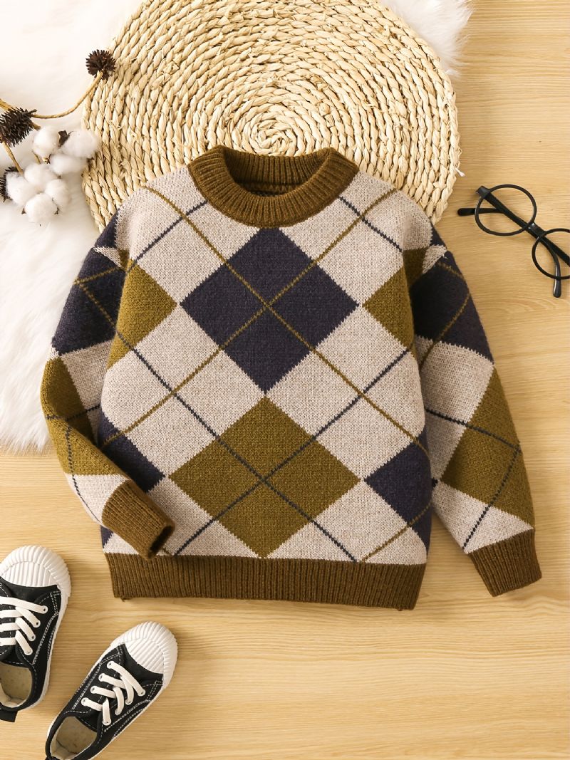 Småbørn Drenge Piger Argyle Mønster Sweater Rund Hals Strikket Trøje