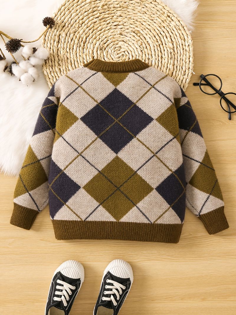 Småbørn Drenge Piger Argyle Mønster Sweater Rund Hals Strikket Trøje