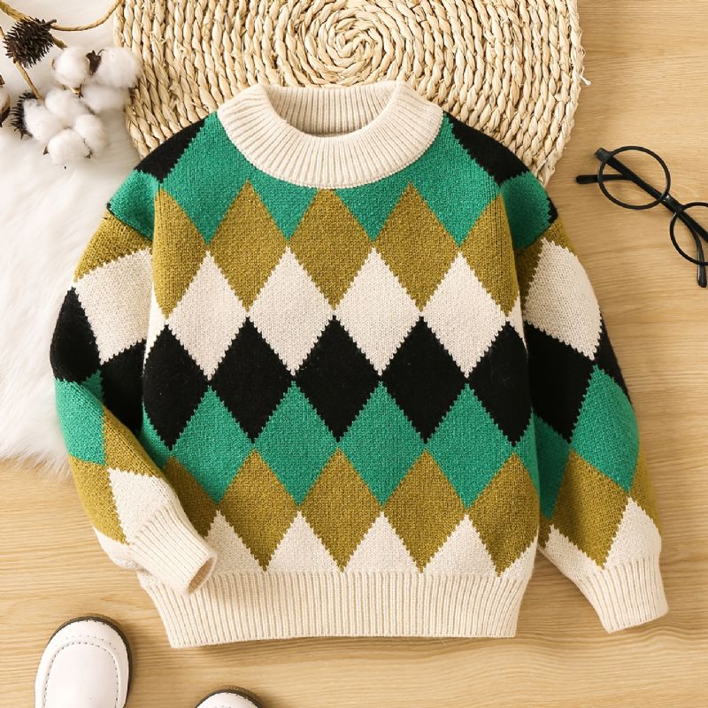 Småbørn Drenge Piger Argyle Mønster Sweater Rund Hals Strikket Trøje