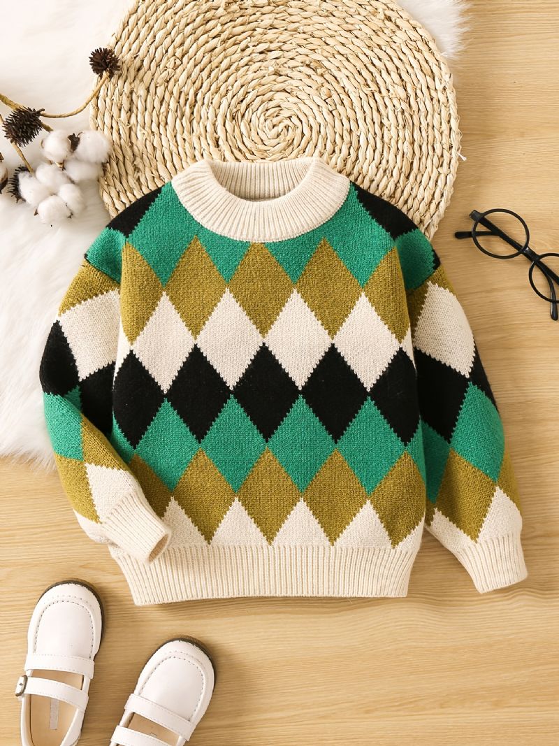 Småbørn Drenge Piger Argyle Mønster Sweater Rund Hals Strikket Trøje