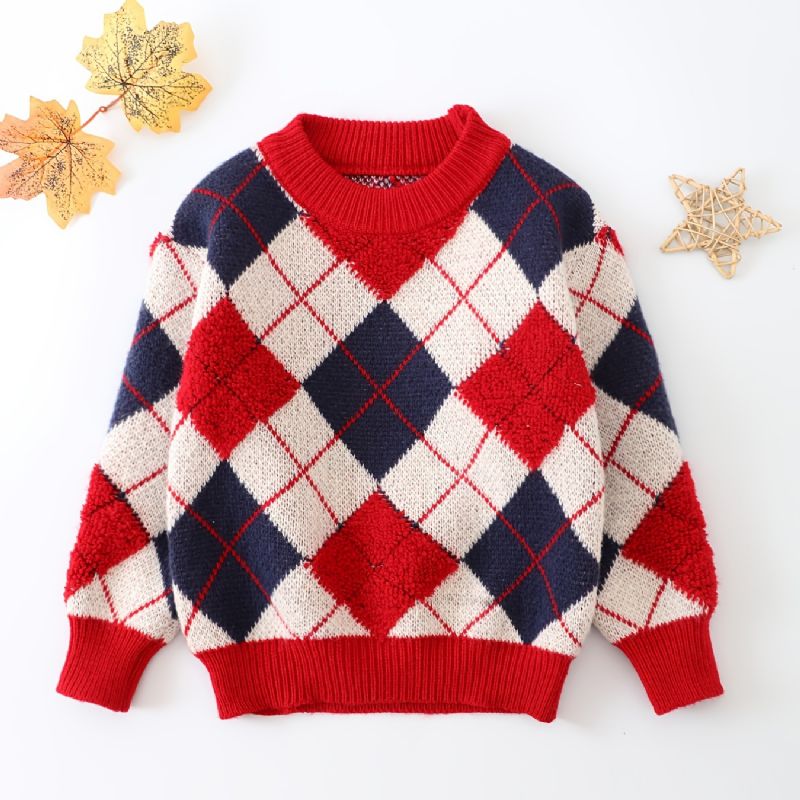 Småbørn Drenge Piger Jul Argyle Mønster Sweater Rund Hals Strikket Trøje