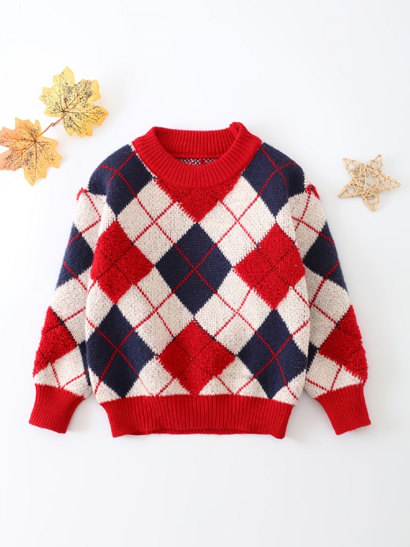 Småbørn Drenge Piger Jul Argyle Mønster Sweater Rund Hals Strikket Trøje