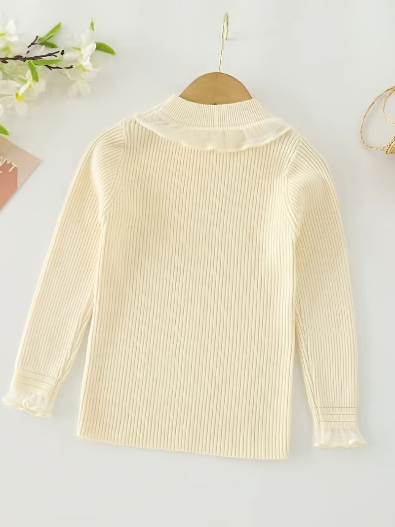 Sød Piger Med Flæser Ribstrikket Sweater Med Blondekant Slim Fit Pullover Top Til Vinter