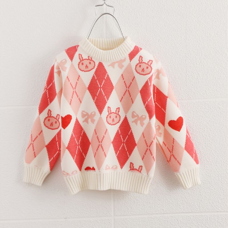 Toddler Piger Pink Kanin Sweater Rund Hals Strikket Trøje