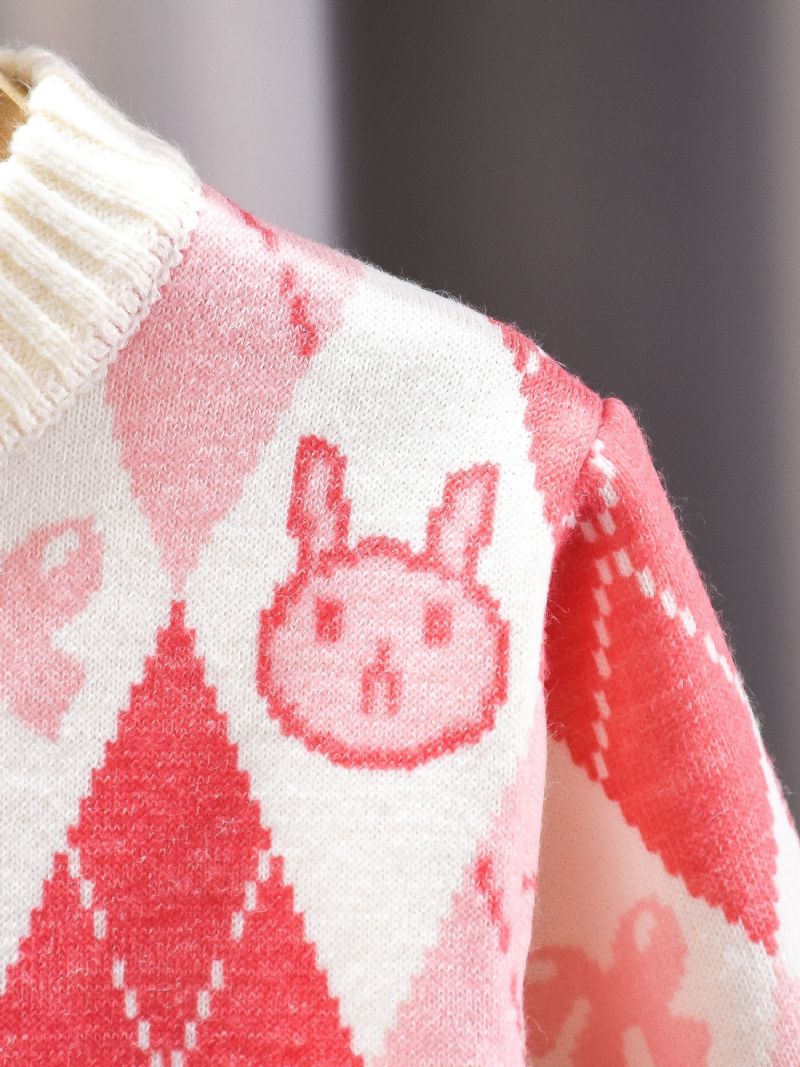 Toddler Piger Pink Kanin Sweater Rund Hals Strikket Trøje