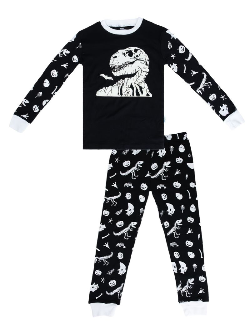 2 Stk Børn Pyjamas Glow-in-the-mørke Dinosaur Print Rund Hals Langærmet Top & Bukser Sæt Til Drenge Piger